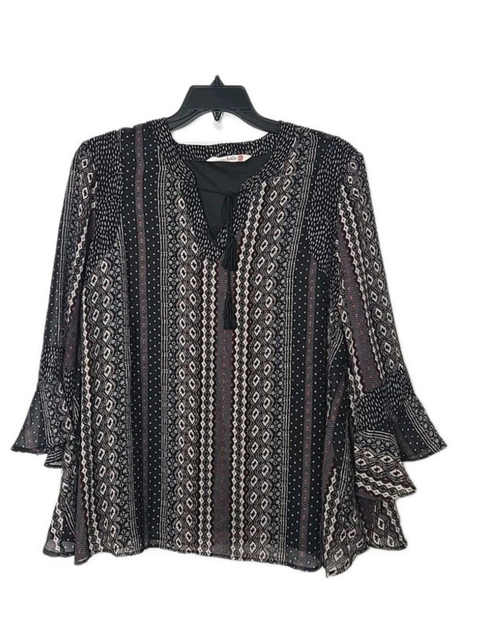 Given Kale Black Aztec Print 3/4 Length Bell Sleeve Lined Tunic Top Size Large